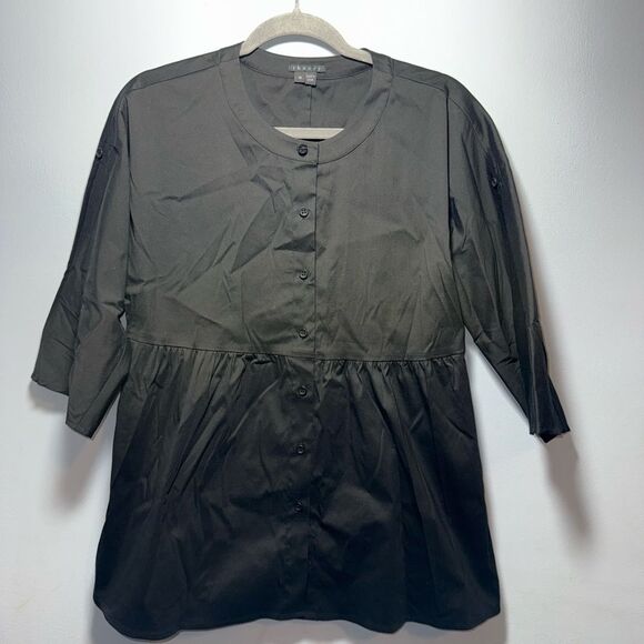 Theory Black Peplum Style 3/4 Sleeve Button Down peasant Top Size Medium EUC - Picture 2 of 8